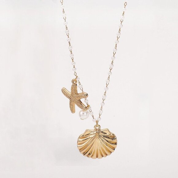 Gold Shell Starfish Necklace for Women Pearl Shell Necklace Layered Beaded Starf - Picture 5 of 5